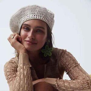 NWT NEW Free People Darla Crochet Beret Ivory White One Size